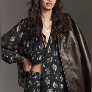 Anthropologie The Estela Sheer Embellished Blouse Small Midnight Navy New